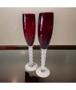 Ruby Red Fluted Champagne Glasses Set of 2 Stemmed Holiday Party Elegant... - $18.80