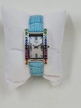 Diamonique Rainbow Tank Stainless Blue Leather Strap Watch - $59.95