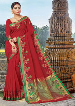 Designer Chanderi Silk Indian Saree with Lace Work Red Green Maroon Gold - £111.76 GBP