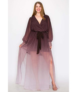 Women&#39;s Ombre Chiffon Wrap Front Long Sleeve Tie Waist Slit Front Maxi D... - $77.00