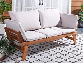 Emely Acacia Expandable Loveseat Outdoor Daybed, Natural/Light Grey, Safavieh - £366.78 GBP