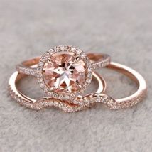 1.75Ct Round Cut Peach Morganite Wedding Trio Ring Set 14K Rose Gold Finish  - £67.05 GBP