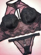 Victoria&#39;s Secret M-DD 34DDD/36DD Corset Top Bra Set S Panty Black Fishnet Lace - £70.08 GBP