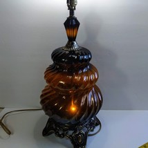 Vintage Amber Optic Twist Glass Metal Hollywood Table Lamp Tiered 2 bulbs 3 way - £130.97 GBP
