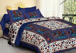 Traditional Jaipur Cotton Elephant Floral Printed Bedsheet, Sanganeri Jaipuri Be - £26.51 GBP