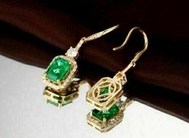 2.50 Ct CZ Emerald &amp; Diamond Halo Dangle Earrings 14K Yellow Gold Over Hook - £127.87 GBP