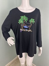 NWT Women&#39;s Karen Scott Black Embellished Tropical Holiday 3/4 Sleeve Top Sz XL - $25.73