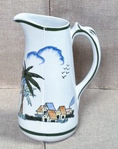 Vintage Art Pottery Tropical Milk Pitcher Vase Palm Trees Houses Ocean Sailboats - £19.61 GBP