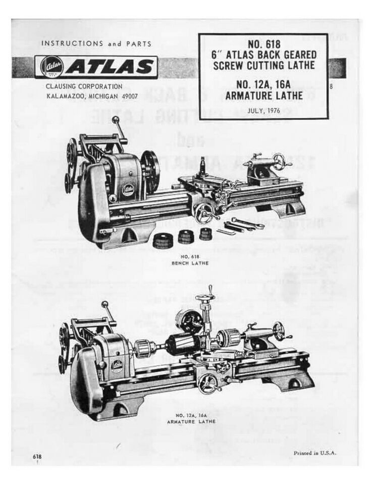 1976 Atlas 618  MK-I Lathe Manual  Instructions - £16.02 GBP