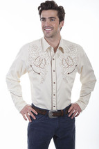 Men&#39;s Western Shirt Cream Long Sleeve Rockabilly Country Cowboy Horseshoe - £68.73 GBP