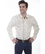 Men&#39;s Western Shirt Cream Long Sleeve Rockabilly Country Cowboy Horseshoe - £69.59 GBP