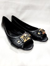 Tory Burch CLINE Black Leather Gold Logo Flat Open Toe Buckle Slide Peep... - $79.00