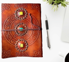 Leather Embroidered Journal Adorned with Gemstone Crystals- Cord to close - £27.62 GBP