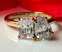 2.5 Carat Engagement Ring, Pear &amp; Emerald Cut Moissanite Two Stone Wedding Ring, - £108.69 GBP