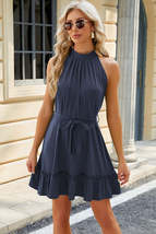 Ruched Grecian Neck Tie Waist Mini Dress - $28.00