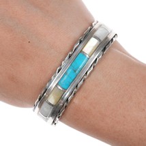 6.25&quot; Vintage Zuni Turquoise and Shell channel inlay silver cuff bracelet - £222.73 GBP