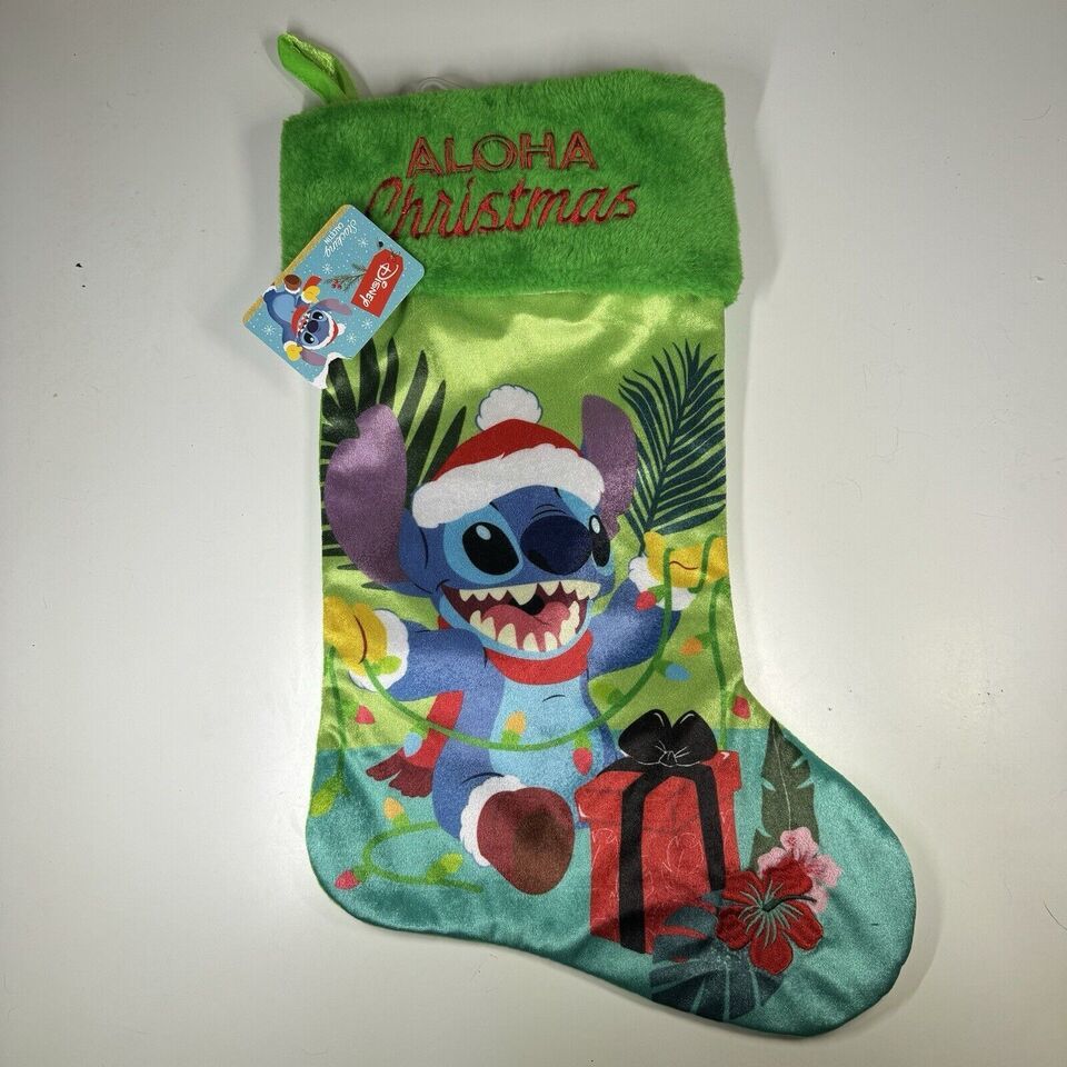 Disney Christmas Lilo &amp; Stitch 20 in Green Santa Stitch w/Presents Stock... - $11.29