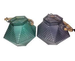 Vtg Y&amp;L Table Lantern Teal &amp; Blue Glass Diamond Candle Holder Bamboo Han... - $27.00