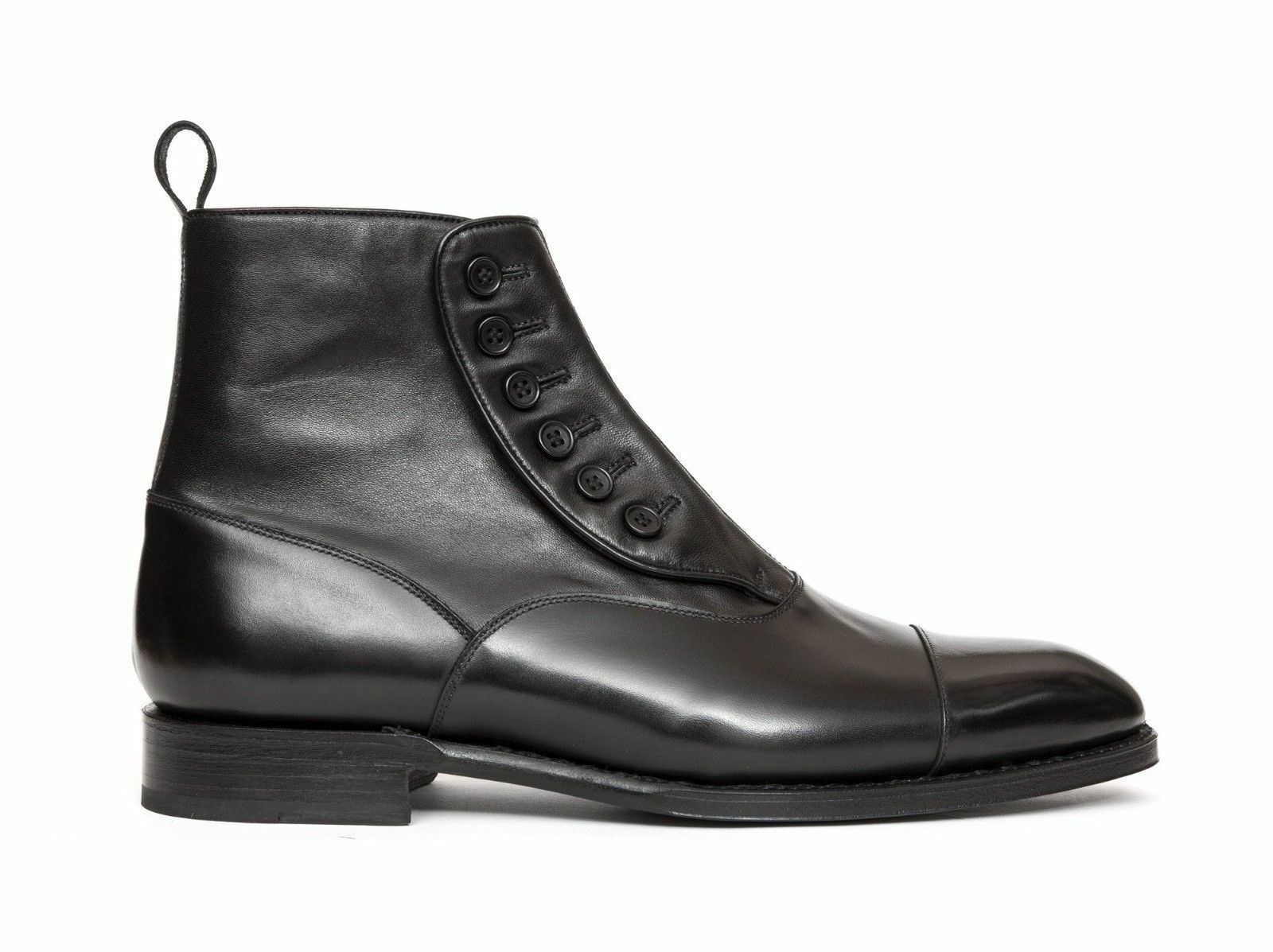 Men's Handmade Black High Ankle Rounded Cap Toe Leather Button Boots US 7-16