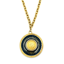 Vtg Liz Claiborne Gold Tone Reversible Green Enamel Logo Star Medallion Necklace - £26.40 GBP