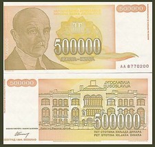 Yugoslavia P143 500,000 Dinara Cvijić / Kapetan Mišino Univ 1994 UNC US seller - £1.05 GBP