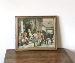 Vtg Framed Art Litho Print w/ Thermometer, Isabel Guerra &quot;Court Scene&quot; Fox Hunt - £26.14 GBP