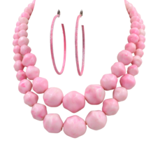 Hong Kong Pink Bead Multi-Strand Necklace Hoop Earrings Demi Set - £11.68 GBP