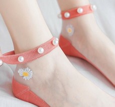 Handcrafted ~ Coral ~ Embellished w/Pearls ~ Embroidered Daisy ~ Ankle Socks - £11.93 GBP