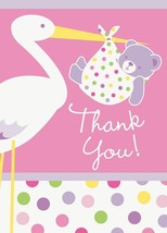 Pink Baby Girl Stork 8 ct Thank You Notes Baby Shower - £2.59 GBP
