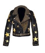 Golden Studded Leather JACKET Biker Golden Stars Patches Christmas Party - £251.05 GBP
