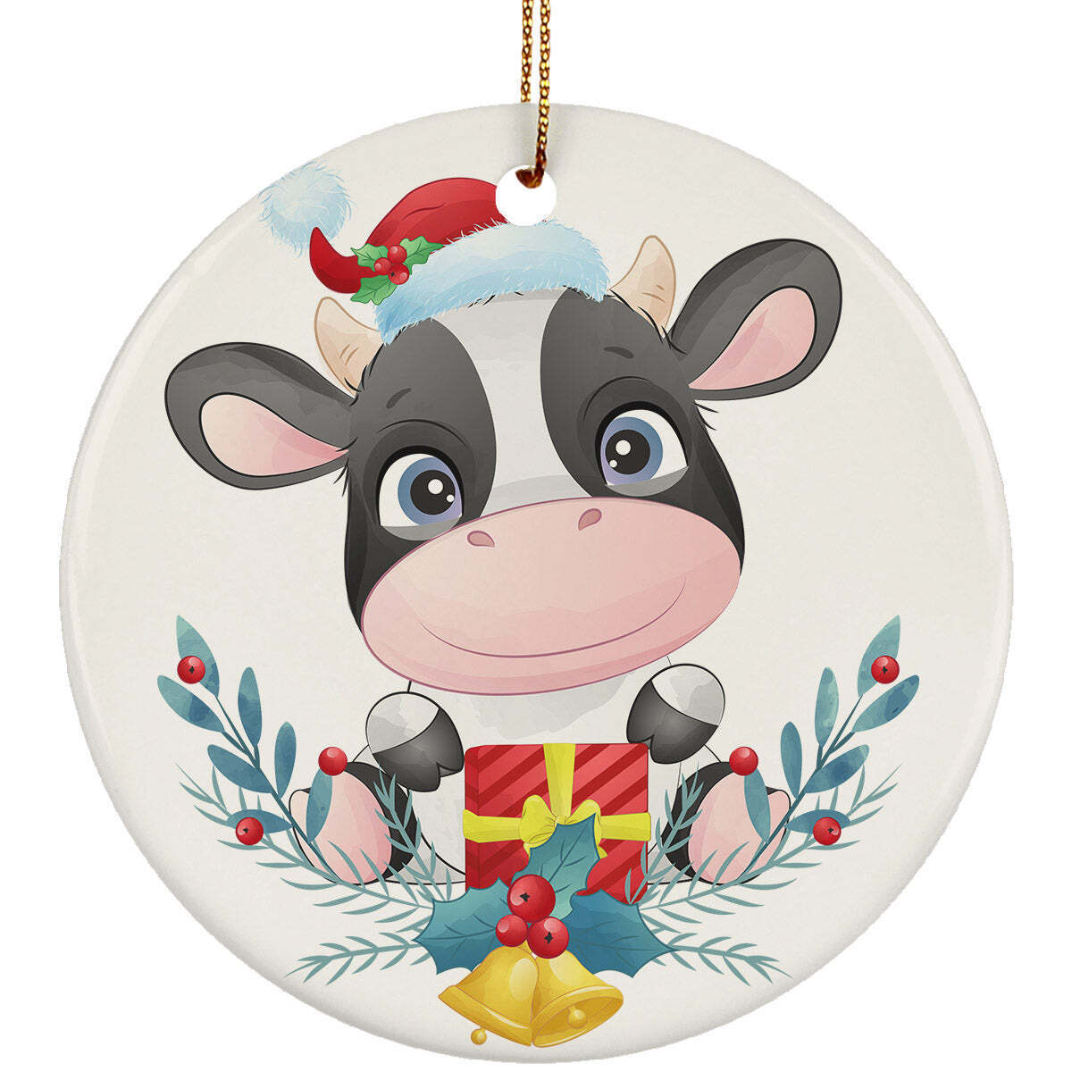 Primary image for Cute Baby Cow With Chirtmas Gift Round Ornament Xmas Decor For Animal Lover
