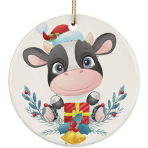 Cute Baby Cow With Chirtmas Gift Round Ornament Xmas Decor For Animal Lover - £11.90 GBP