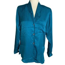 Vintage Silky Button Up Shirt M Teal Blue Long Sleeve Pocket Notch Collar - £29.17 GBP