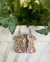 Easter Bunny Earrings Wooden Leopard  Rhinestone Dangle Jewelry  NEW - $11.88
