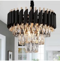 AXILIXI 16&quot; Modern Crystal Chandeliers 3 Tiers Black and Gold Pendant Light Fix - £77.84 GBP