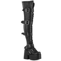 DEMONIA CAMEL-305 Women&#39;s Black 5&quot; Chunky Heel Platform Thigh-High Lace-Up Boots - $136.95