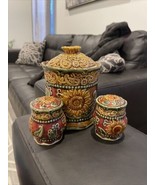 VINTAGE TAN GREEN GOLD SALT PEPPER SHAKERS  SET With Canister Sunflower ... - $27.77 CAD