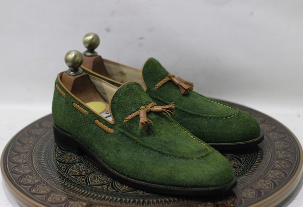 Men's Handmade Leather Shoes Green Suede Loafer Brown Leather Teasels Slip
