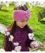 Pink girl&#39;s twisted headband with beads Hand knit toddler girl wool ear ... - $22.00+