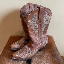 Los Compadres Floral Embroidered Cowboy Boots Size 26 Mex 9 USA Brown Cream - £58.09 GBP