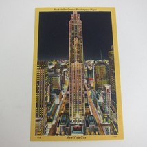Linen Postcard New York City Rockefeller Center Buildings at Night Vintage - £6.37 GBP