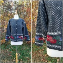 Vintage Icelandic design knit wool intarcia cardigan sweater floral black M - £45.84 GBP