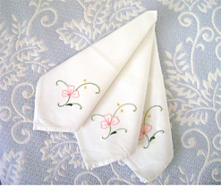 Vintage Set of 7 Hand Embroidered Napkins White Cotton Pink Flower  NOS - $26.00