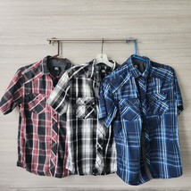 Rock Republic Mens S Button Up Short Sleeve Casual Plaid Red White Blue Lot of 3 - £27.96 GBP