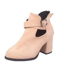 Autumn Women Ankle Boots Flock Platform Mid Chunky Heel Round Toe Buckle Strap S - £40.33 GBP