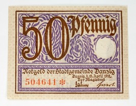 1919 Free City of Danzig 50 Pfennig Notgeld (Almost Uncirculated) Gdansk... - $99.00