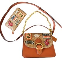 Nwt Coach Set Tan Rust Leather &amp; Canvas Brass Accent Beat Purse &amp; Wallet Patches - £543.04 GBP