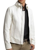 Luxury White Leather Jacket Men&#39;s Fashion With Belted Tab Collar Front Zipper - £107.43 GBP