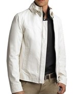 Luxury White Leather Jacket Men&#39;s Fashion With Belted Tab Collar Front Z... - £107.95 GBP
