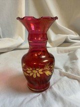 Vintage Cranberry Ruffled Edge Vase With Gold Diasies 6.5” - $12.79